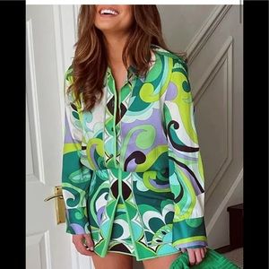 🎉Pre Order ZARA Green Print High Waist Mini Skirt & Long Sleeve Green Shirt Set